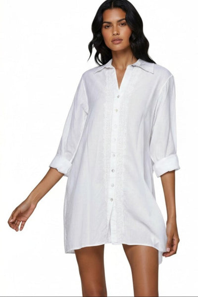 Ziggy 100% Cotton Washed Chambray Button Down Embroidery Shirt Dress white on white chambray