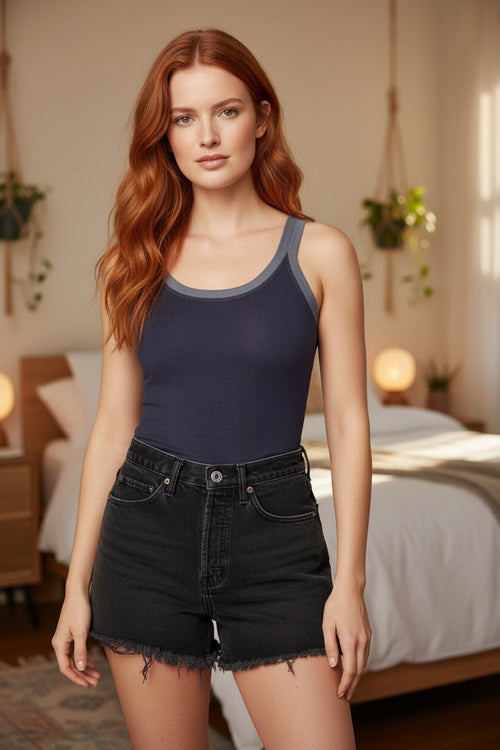 Everyday Rayon Stretch Jersey Knit Long Length Cami with Mesh Trim Neckline - Sale