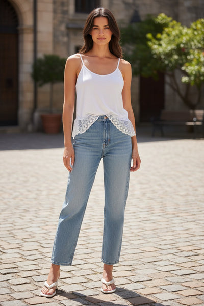 Knit Cami with Embroidery Lace Bottom in White