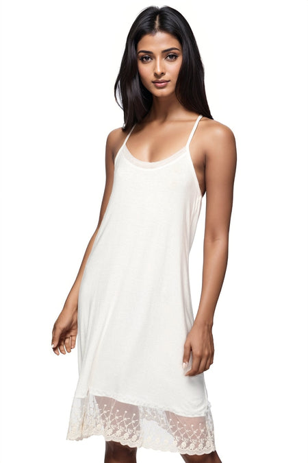 Cami Knit Slip Dress with Lace Border in White