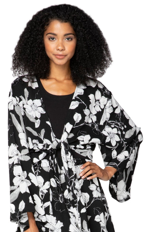 Bed to Brunch Tie Wrap Long Top in Shadowed Petals Print - Subtle Luxury
