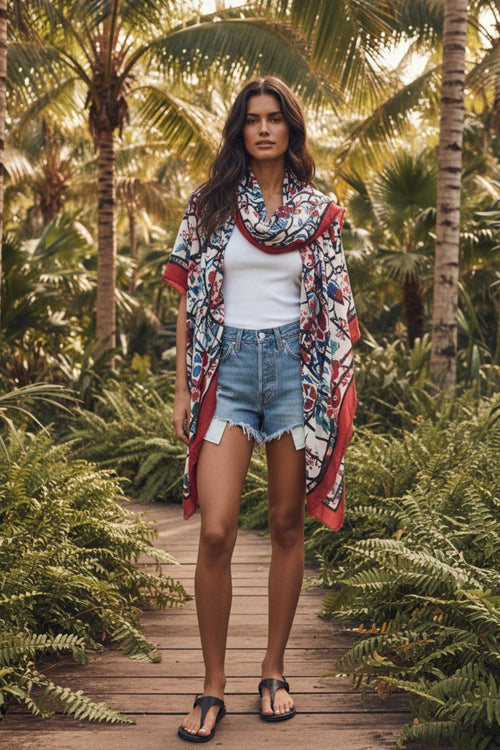 Oversized Scarf Wrap in Glass Flower Red Border Print