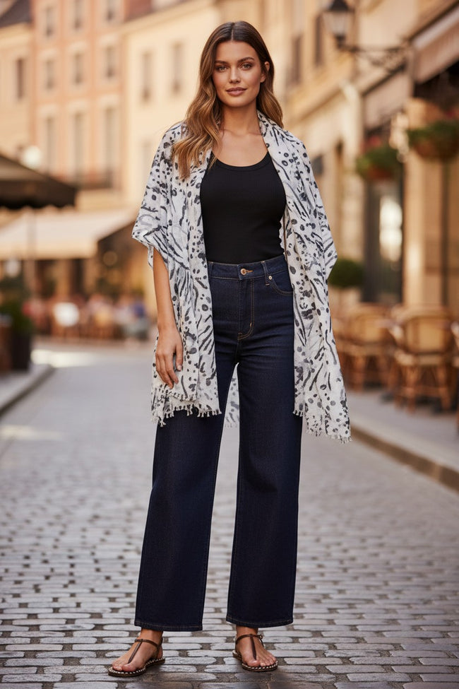 Inked Spots & Leopard Print Black And White Sarong Wrap Scarf