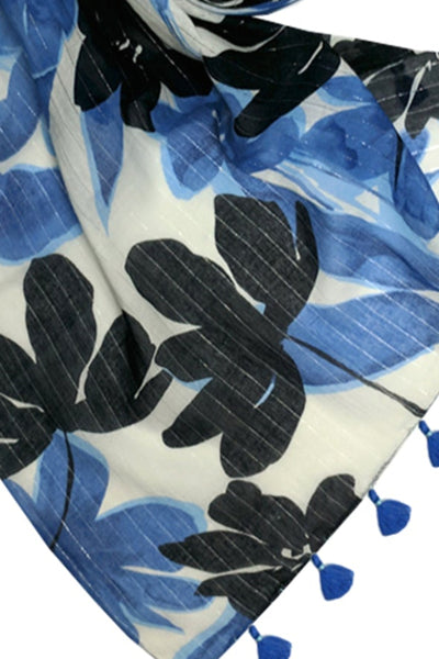 Blue Blossom Luxury Cotton Tassel Indigo Print Sarong Scarf Wrap