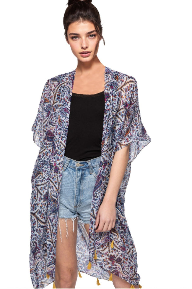 Blue Paisley Print Kimono Coverup - Subtle Luxury