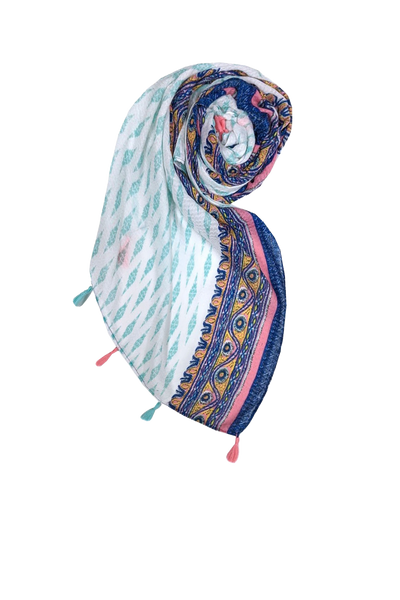 Bohemian Story Blue-Turq Border Print Scarf Wrap Sarong