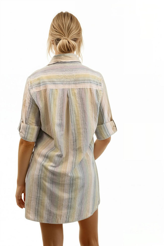 Boyfriend Embroidery Shirt in Cotton Novelty Desert Stripe Fabric - Subtle Luxury