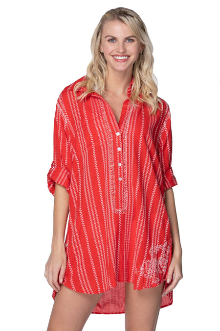 Boyfriend White Cotton Shirt with Hand Stitch Embroideries Sunshine Colors