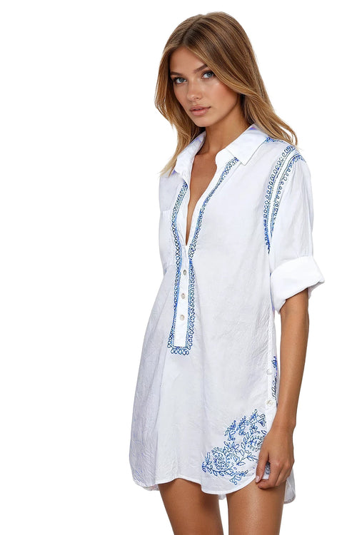Boyfriend White Cotton Shirt with Blue Lotus Embroidery - Subtle Luxury