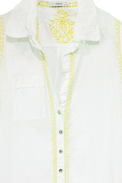 Boyfriend White Cotton Shirt with Hand Stitch Embroideries Sunshine Colors - Subtle Luxury