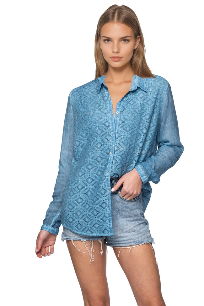 Button Up Front Lace Shirt - Pigment Dye - Subtle Luxury
