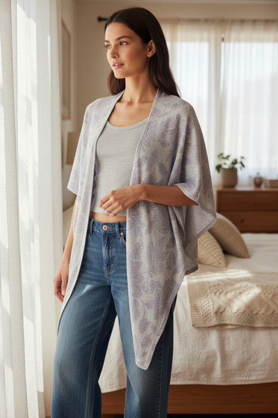 california-cashmere-by-subtle-luxury-100% Cashmere Original Printed Victoria Wrap Sweater flowers of happiness grey print lt grey 2