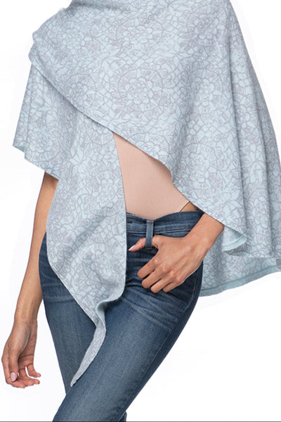 california-cashmere-by-subtle-luxury-100% Cashmere Original Printed Victoria Wrap Sweater mosaic florals lt blue with grey