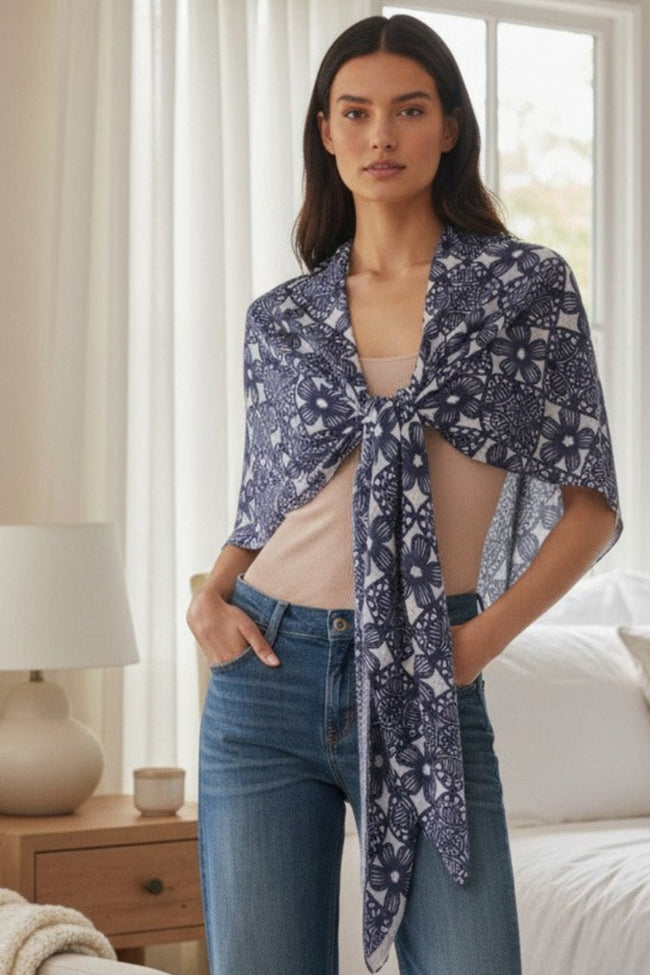 california-cashmere-by-subtle-luxury-100% Cashmere Original Printed Victoria Wrap Sweater not your nona's crochet indigo print 2