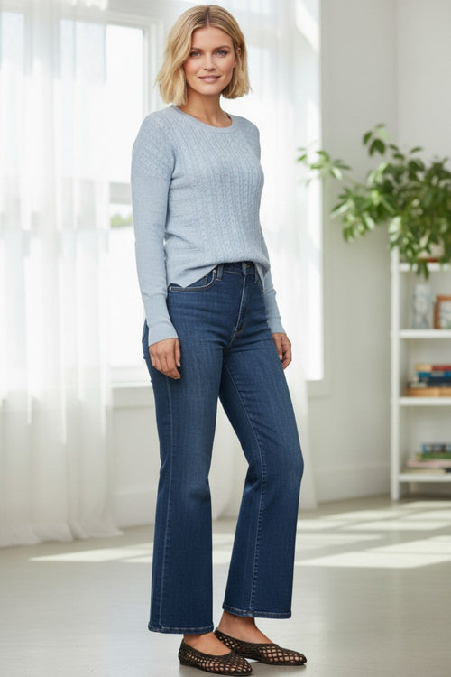california-cashmere-by-subtle-luxury-Crystal Textured Patchwork Effect Cable Stitch Pullover Sweater in Cotton Cashmere blue sky color