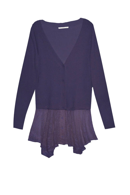 California Cashmere by Subtle Luxury Cardigan S/M / Aubergine Almost Vintage Sweater Cardigan with Flounce Lace Hem
