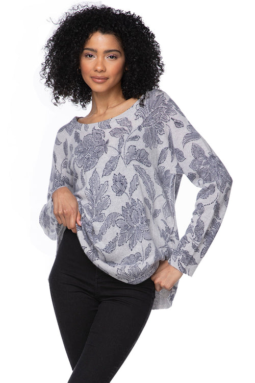 California Cashmere by Subtle Luxury Cashmere Comfort Crew / S/M / Flower of Happiness-Blue 100% Cashmere Printed Comfort Crew