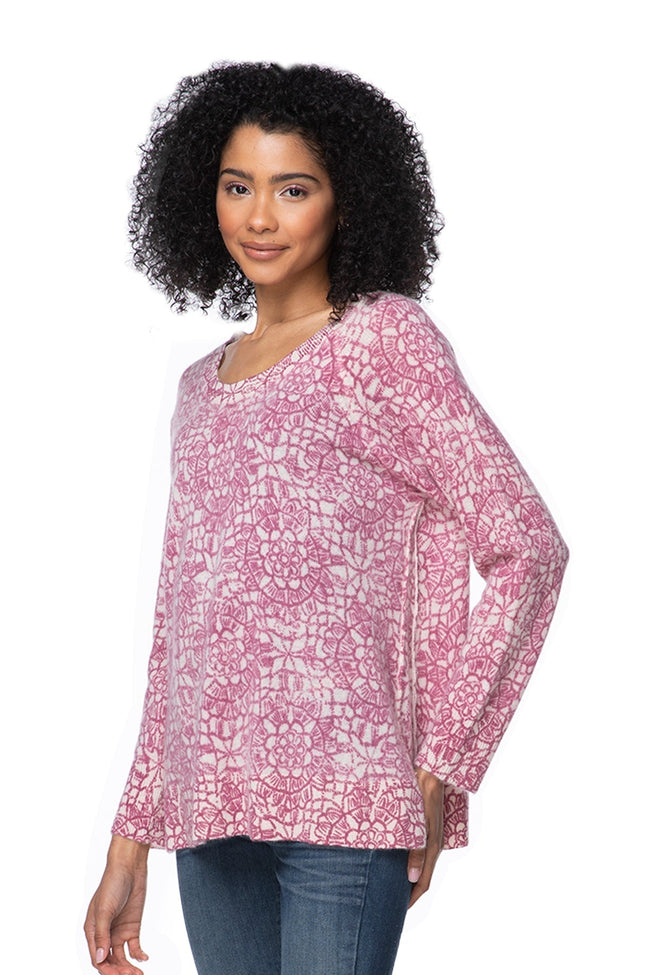California Cashmere by Subtle Luxury Cashmere Comfort Crew / S/M / Mosaic Floral Pink 100% Cashmere Printed Comfort Crew