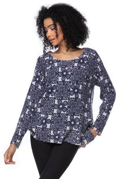 California Cashmere by Subtle Luxury Cashmere Comfort Crew / S/M / Not your Nona's Crochet-Blue 100% Cashmere Printed Comfort Crew