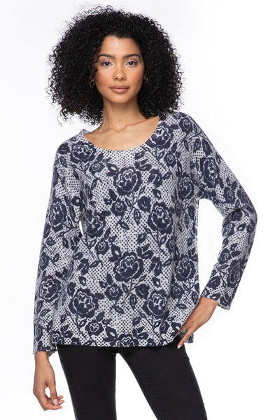 California Cashmere by Subtle Luxury Cashmere Comfort Crew / S/M / Rose Garden-Blue 100% Cashmere Printed Comfort Crew