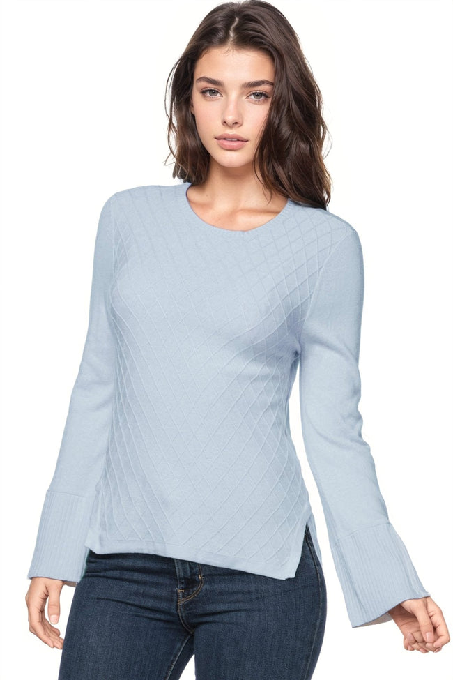 California Cashmere by Subtle Luxury Sweater Cara Textured V Neck / S/M / Blue Sky Cameron Bell Sleeve Novelty Stitch Cotton Cashmere Crewneck Sweater