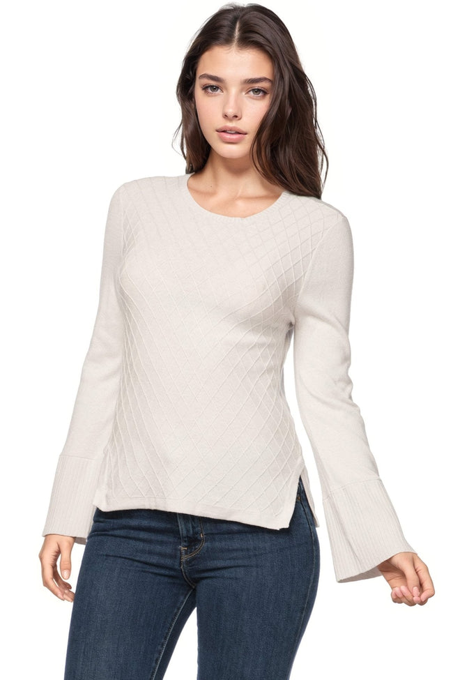 California Cashmere by Subtle Luxury Sweater Cara Textured V Neck / S/M / Chalk White Cameron Bell Sleeve Novelty Stitch Sweater