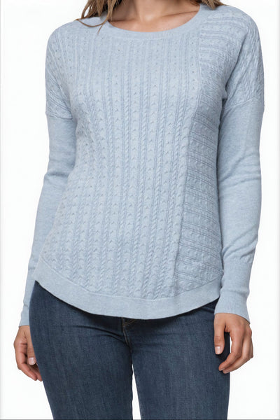 California Cashmere by Subtle Luxury Sweater Crystal Pullover / S/M / Blue Sky Crystal Textured Patchwork Effect Cable Stitch Pullover Sweater in Cotton Cashmere