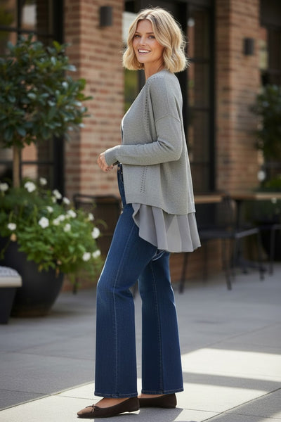 Boyfriend Cotton Cashmere Sweater Cardigan with Chiffon Silk Back