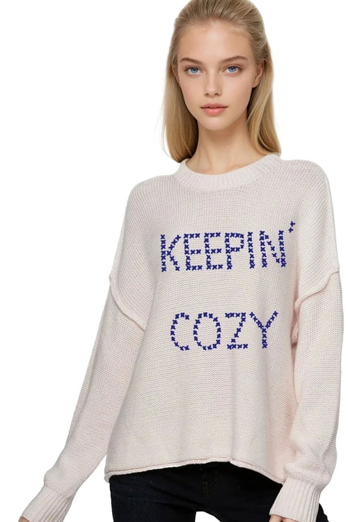 Chunky Cotton Blend Pullover Sweater - Cross Stitch "Keepin' Cozy" hand embroidery - Subtle Luxury