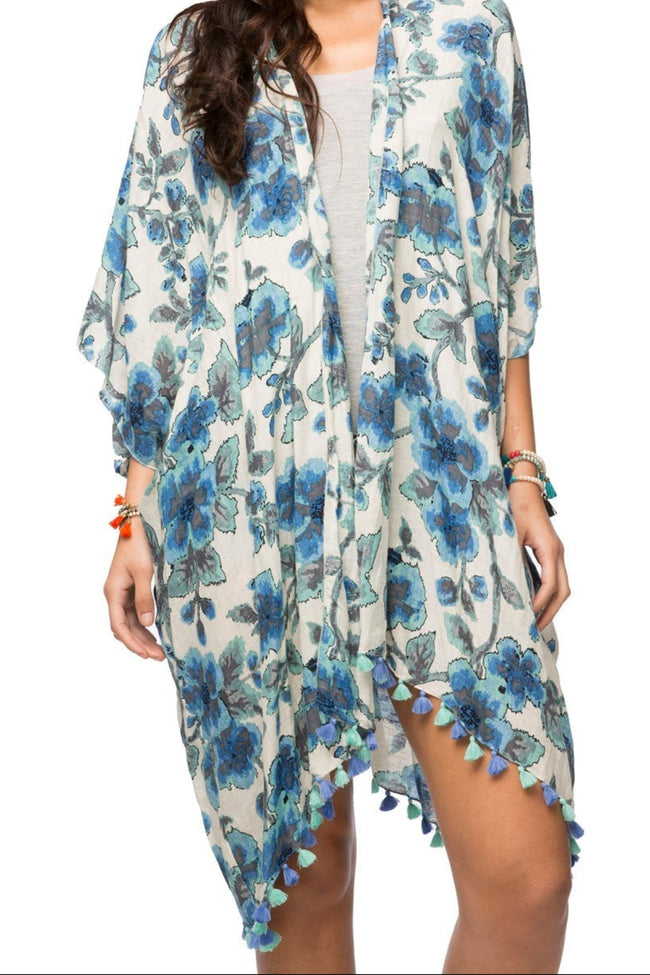 Denim Flowers Print Coverup Kimono - Subtle Luxury