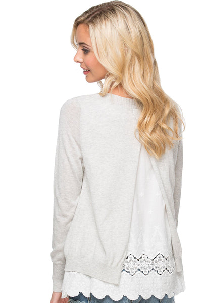 Eyelet Trim Cotton Blend Sweater Mixed Material - Subtle Luxury