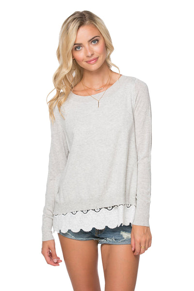 Eyelet Trim Cotton Blend Sweater Mixed Material - Subtle Luxury