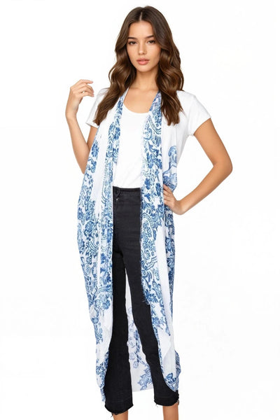 Free Spirit Multi Wear Coverup Vest in Antique Porcelain Print - Subtle Luxury