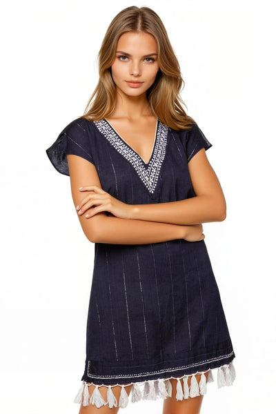 Fringe Tassel Embroidery Dress in Washed Cotton Chambray - Subtle Luxury