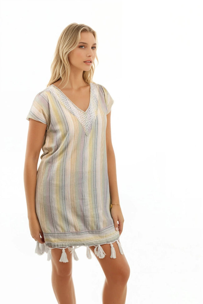 Fringe Tassel Sundress in Cotton Desert Stripe - Subtle Luxury