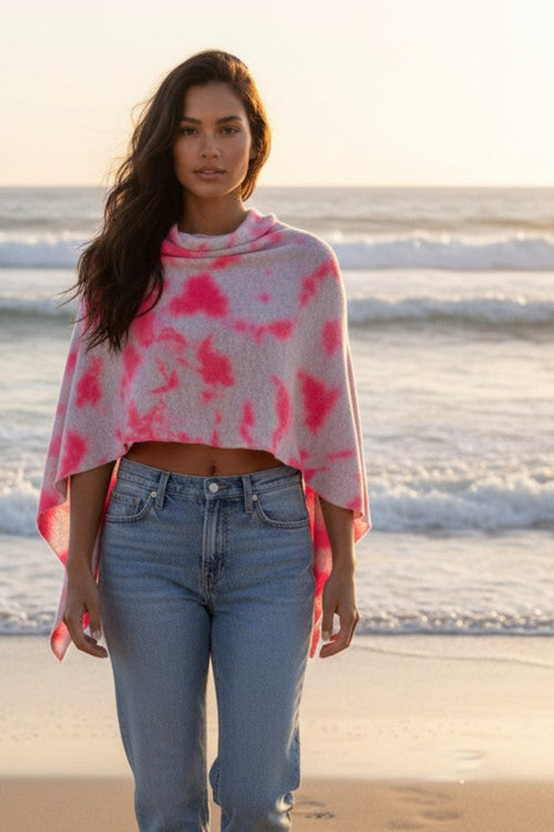 golden sun cashmee ponchos, Be Golden 100% Cashmere Tie Dye Cashmere | Sunset Pink Coral Colors bright fuschia pink