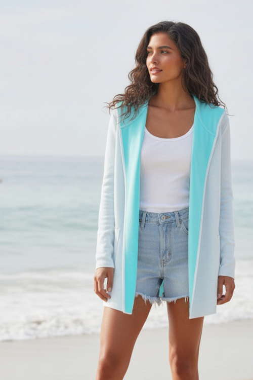 Zen Blend Cabana Reversible Hoodie Sweater Knit White with Turquoise Blue