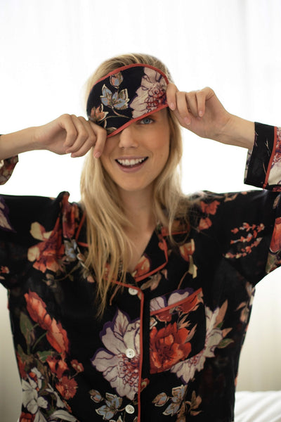 Loungerie by Subtle Luxury Eye Mask Blushing in Florals / O/S / Black - L49 Printed Satin Eye Masks by Loungerie