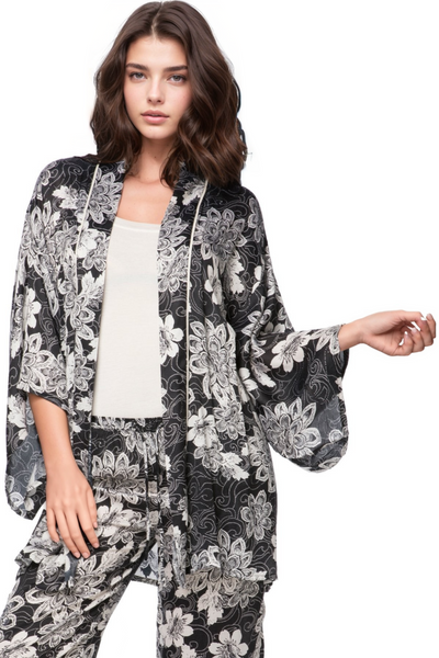 Loungerie by Subtle Luxury Kimono Robe Swirl Floral Kimono in Black
