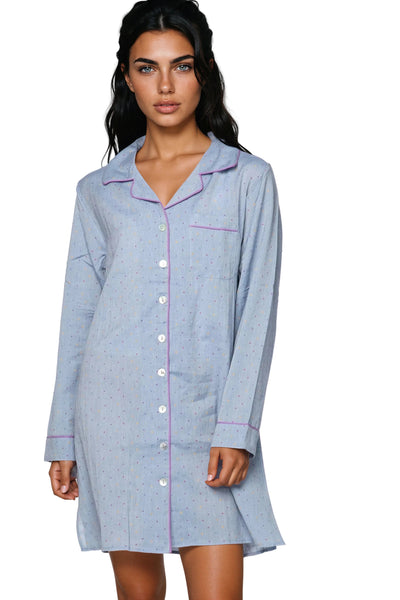 loungerie-by-subtle-luxury-nightshirts-Cotton Chambray Sleep Shirt Pajama in Multi Dots Print