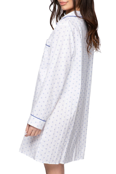 Loungerie by Subtle Luxury Pajama Nightshirt Cotton Chambray Night Shirt in White - Mini Blue Dot Print