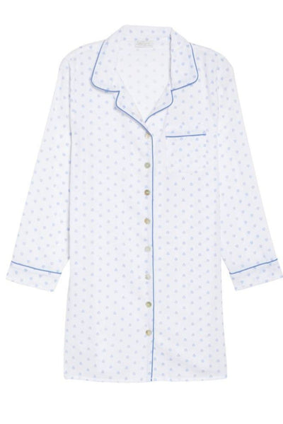 Loungerie by Subtle Luxury Pajama Nightshirt Cotton Chambray Night Shirt in White - Mini Blue Dot Print