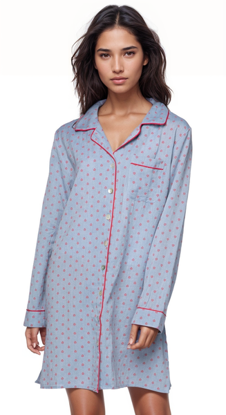 Loungerie by Subtle Luxury Pajama Nightshirt Printed Chambray Night Shirt / S/M / RB Denim Cotton Chambray Night Shirt in Geo Dot Print