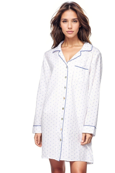 Loungerie by Subtle Luxury Pajama Nightshirt Printed Chambray Night Shirt / XS/S / BB White Cotton Chambray Night Shirt in White - Mini Blue Dot Print