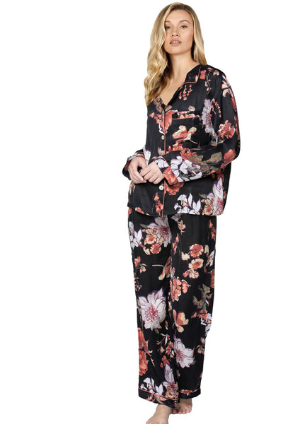 Loungerie by Subtle Luxury Pajama Set Bloom Baby PJ Set / XS/S / Blushing in Floral Black - L49 Loungerie Satin Pajama Lounge Set in Prints