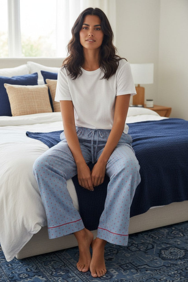 loungerie-by-subtle-luxury-pajama-set-loungerie-by-subtle-luxury-pajama-set-Chambray Blue Cotton Piping Pajama Top and Bottom Set in Geo Dot Print Red 4