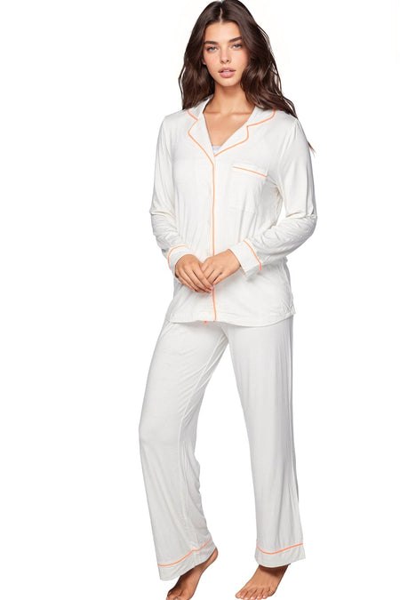 Pippa Pajama Rayon Knit Pant in Latte with Contrast Piping
