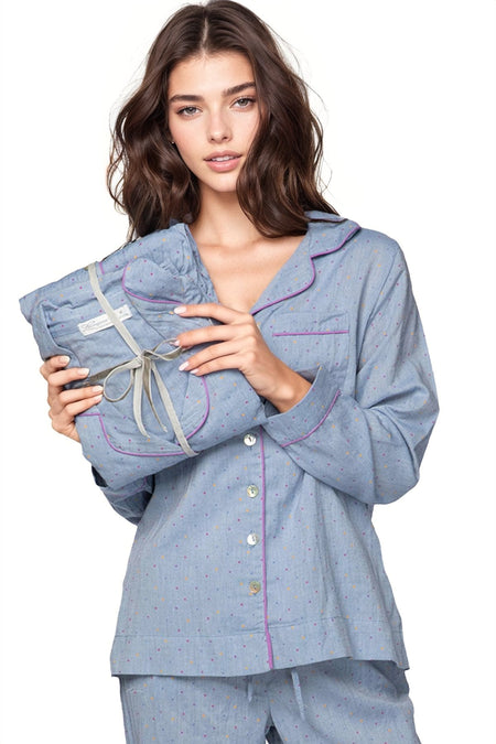 Miranda Satin Sleep Shirt in Blue Ditsy Stripe
