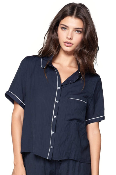 Loungerie by Subtle Luxury Pajama Top Jade PJ Top-Embroidery / XS/S / Navy Jade Pajama Rayon Shirt with Pocket Embroidery