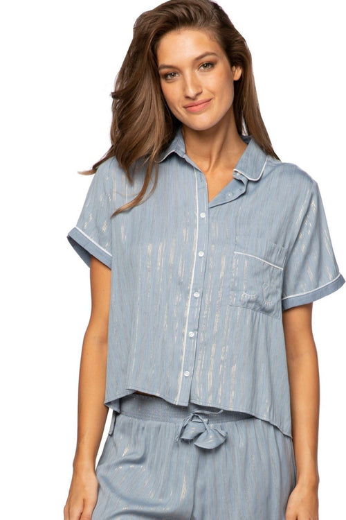 Loungerie by Subtle Luxury Pajama Top Jade Rayon Top with Gold Lurex Striping